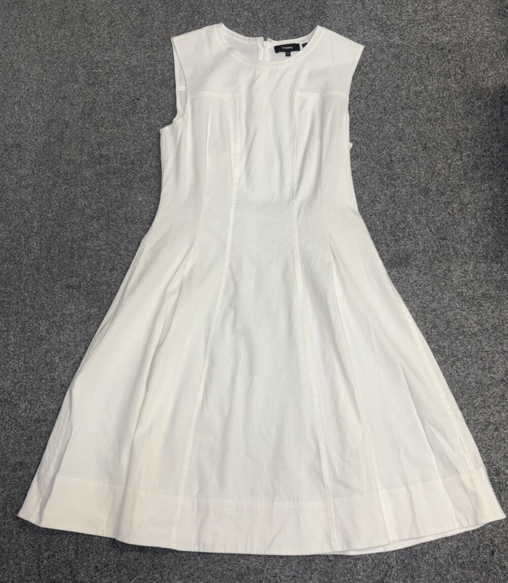 THEORY Modern Tea White Linen Blend Fit & Flare Sleeveless Dress Size 8